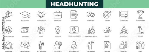 Headhunting And Recruiting line icon set. business, achievement, address, briefcase, candidate, certificate, communication, contact icons collection
