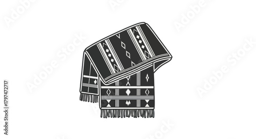 Detailed Illustration of a Patterned Scarf with Fringe.