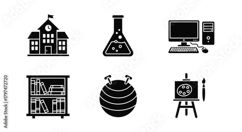 School Learning Subject Icons Set Science Computer Art Fitness Glyphs