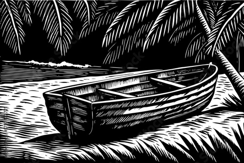 An aged wooden fishing boat rests on white sand with turquoise waves and palm tree shadows, creating an idyllic island atmosphere