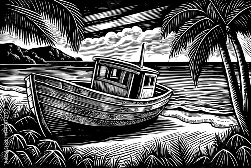 An aged wooden fishing boat rests on white sand with turquoise waves and palm tree shadows, creating an idyllic island atmosphere