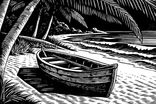 An aged wooden fishing boat rests on white sand with turquoise waves and palm tree shadows, creating an idyllic island atmosphere
