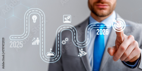 Business roadmap to 2026 success concept. A strategic business journey. Finger points at the 2026 target, surrounded by icons representing innovation, sustainability, teamwork and goal achievement