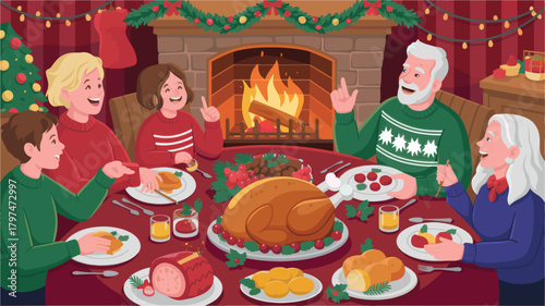 Family enjoying holiday meal at table near fireplace decorated with garland