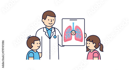 Doctor showing children a diagram of healthy lungs.