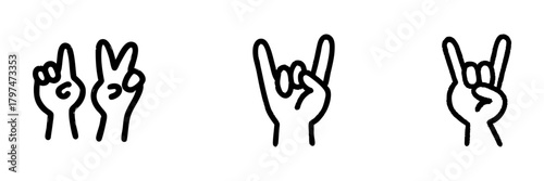 Hand Gesture Line Icon Set In Doodle Style. Peace, Rock On, And Victory Signs Outline Sketch Collection. Communication And Expression Symbols. Hand Drawn Isolated Vector Illustration