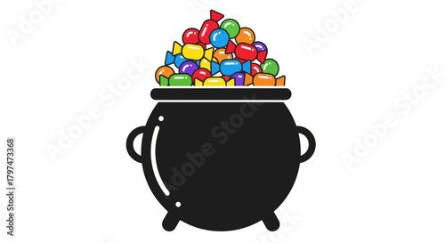 Black Cauldron Overflowing with Colorful Assorted Candies and Sweets.