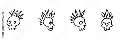 Skull With Mohawk Line Icon Set In Doodle Style. Punk Rock, Rebellion, And Alternative Culture Outline Sketch Collection. Edgy And Bold Design. Hand Drawn Isolated Vector Illustration