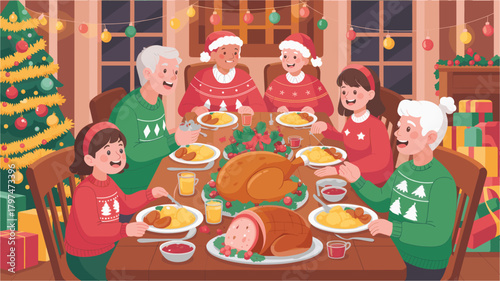 Family together having festive dinner on new year holiday vector