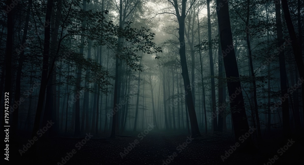 Obraz premium Mysterious Foggy Forest with Dark Trees and Ethereal Light, Nature Background