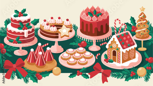 Festive cakes and sweets with candies and icing arrangement for holiday treats