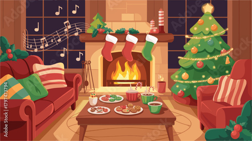 Fireplace living room decorated christmas tree sofa cookies and candles vector