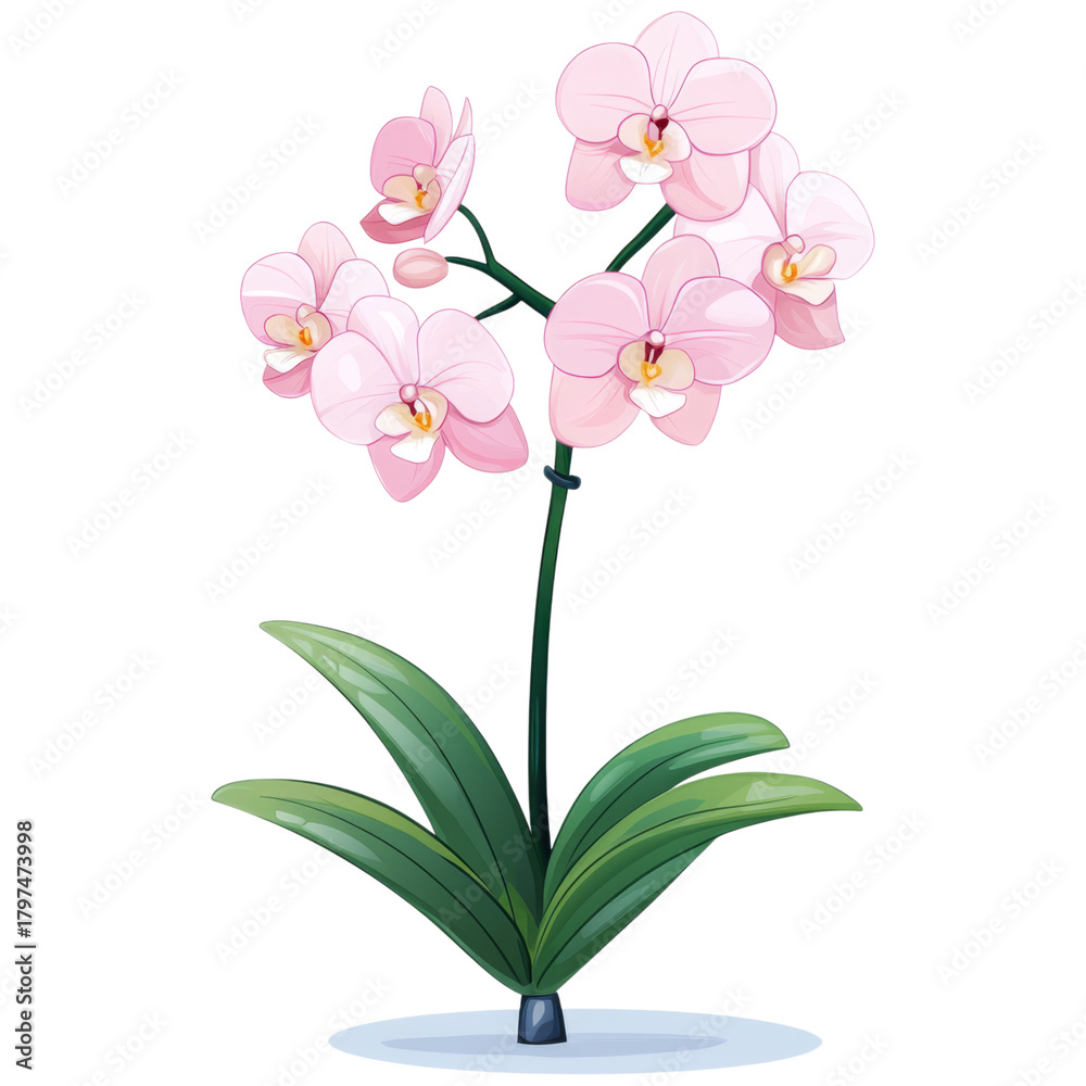 Obraz premium Pink orchid flower with green leaves in pot, elegant and delicate petals with smooth edges, perfect for decoration or gift ideas