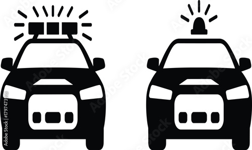 Black and white vector icons of police cars with flashing sirens, front view emergency vehicle silhouettes for law enforcement design