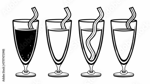 Minimilist four glasses with liquid and straws in a row in black and white line art illustration style design vector