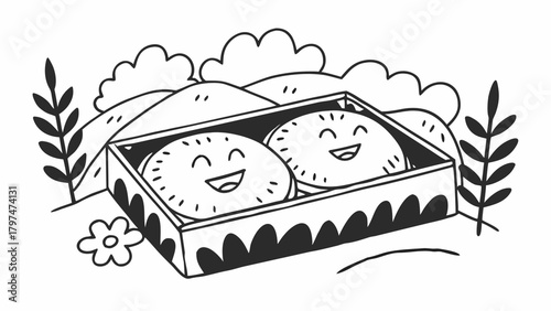 Minimilist two smiling pies in a box surrounded by nature with hills and plants in a black and white drawing vector