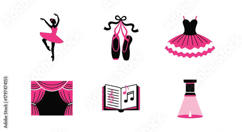 Pink Ballet and Theater Icons Set Ballerina Dance Performance Spotlight Music