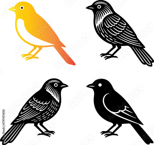 Set of four stylized birds, one yellow, three black, isolated