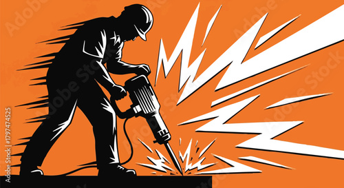 Graphic illustration of a construction worker operating a jackhammer, creating sparks against an orange background, symbolizing hard work and demolition.