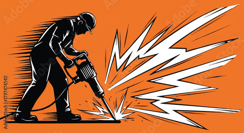 A graphic illustration of a worker using a jackhammer, generating sparks and energy on an orange background, symbolizing hard industrial labor.
