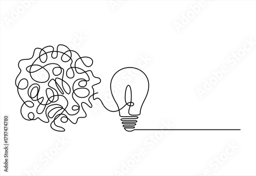 Chaos and light bulb, abstract minimalist concept Metaphor of disorganized difficult problem mess with single continuous tangle thread in need of unraveling, found solution. Editable line. Hand drawn