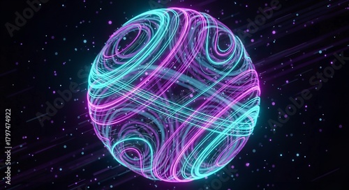 Glowing Neon Sphere: Abstract Digital Art with Wavy Lines on a Dark Background