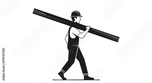 A black and white vector illustration depicts a diligent construction worker carrying a long, heavy beam on his shoulder, symbolizing hard labor and industrial development.