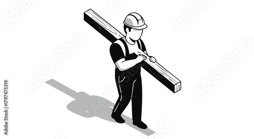 Isometric black and white illustration of a construction worker in a hard hat and overalls, carrying a wooden beam, symbolizing diligent manual labor.