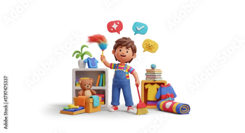 Cheerful 3D cartoon boy cleaning house with various tools.
