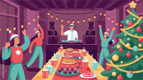New year festive celebration event with dj and dancing at home with snacks