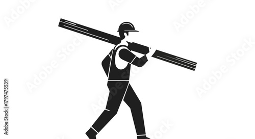 A determined construction worker, depicted as a strong silhouette, diligently carries a heavy metal beam across their shoulder, symbolizing hard work and industrial effort.