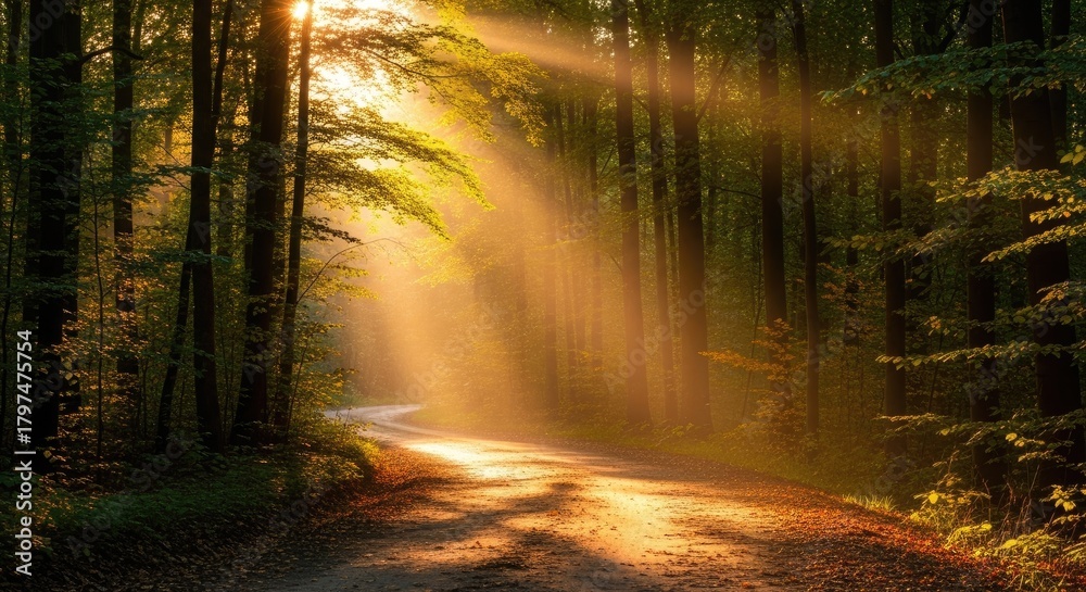 Naklejka premium Golden Sunbeams Illuminating a Serene Forest Path through Lush Green Trees