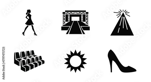 Fashion Show Icon Set Stage Model Spotlight High Heel Shoe Audience Seats Glamour