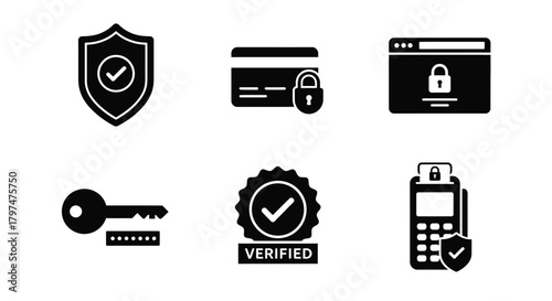 Internet Security Icons Credit Card Payment Protection Verified Access Glyph Set