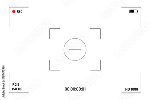 Camera viewfinder. Viewfinder camera recording. Video screen, camera frame vector template. Black lines and text, rec icon with information and timing on white background.