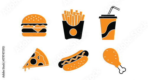 Fast Food Icon Set Burger Fries Soda Pizza Hot Dog Chicken
