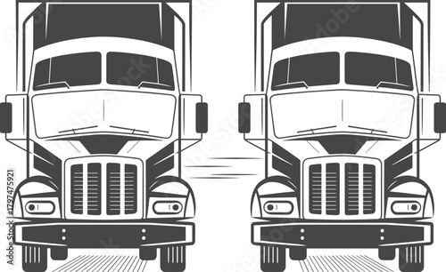 Black and white vector illustration of two cargo trucks facing front, transportation delivery lorry design for logistics and shipping industry