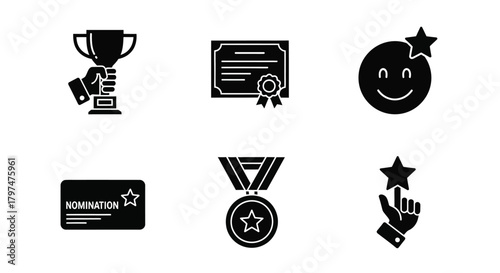 Achievement and Award Icons Glyph Set Success Trophy Nomination Certificate Rating Star