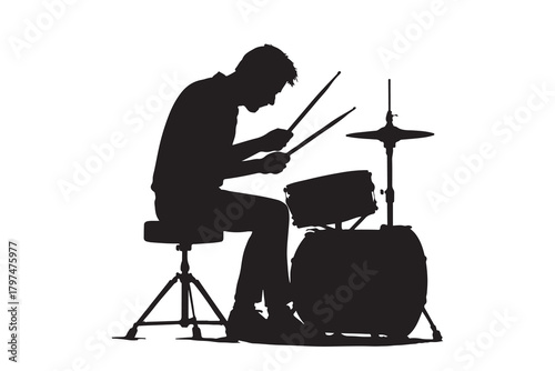 Silhouette of a drummer playing a drum set with drumsticks isolated on white background