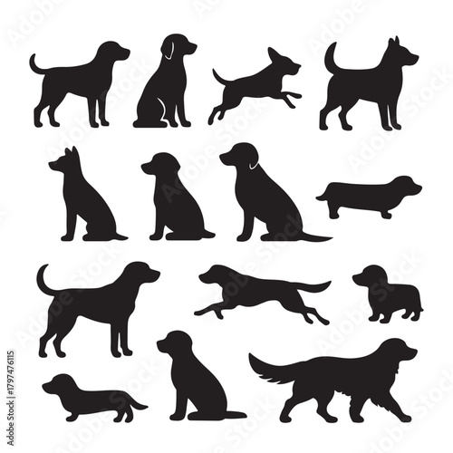 Collection of diverse dog breed silhouettes posed in various actions isolated on white background