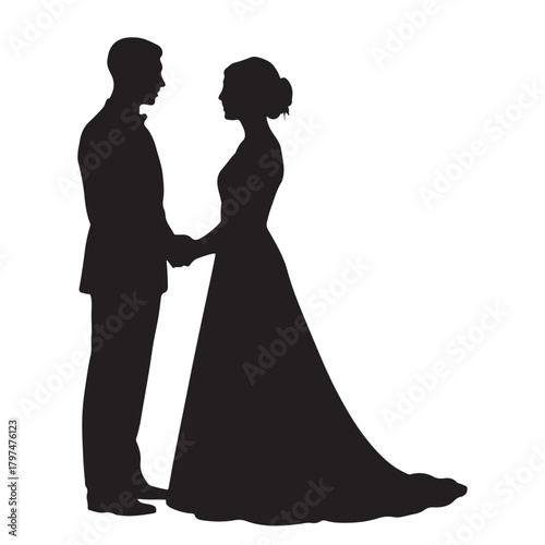 Elegant silhouette of a bride and groom holding hands in a romantic embrace isolated on white background