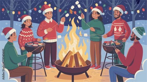 People grilling at bonfire new year eve holiday marshmallows vector graphic
