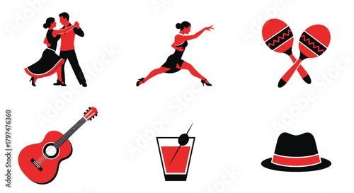 Elegant Latin Dance Icons Set featuring Tango Maracas Guitar and Cocktail