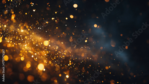 floating shimmering dots glowing golden bokeh particles floating in warm light creating an abstract shimmering background soft glitter haze