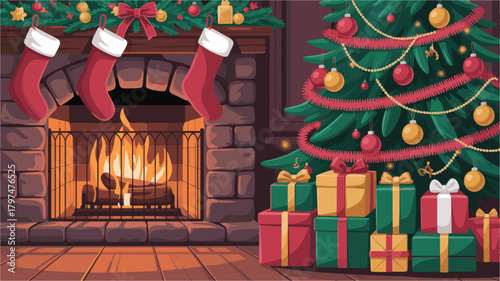 Stockings hung by fireplace next to decorated christmas tree and presents