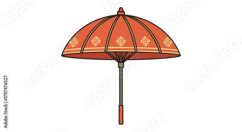 Ornate Orange and Gold Decorative Parasol with Detailed Pattern.