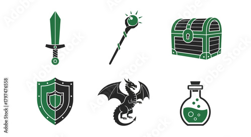 Adventure Game Icon Pack Sword Dragon Chest Potion Staff Shield Vector