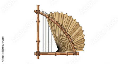 Traditional Bamboo Harp with Fan Resonator and Strings.