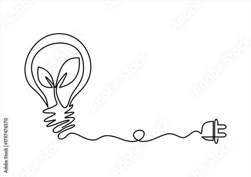Plant with a plug in continuous one line art style. Green energy concept. Simple vector, Continuous line art green energy plug concept, Clean Energy. Hand drawn. Editable Icon, Eco-Friendly.