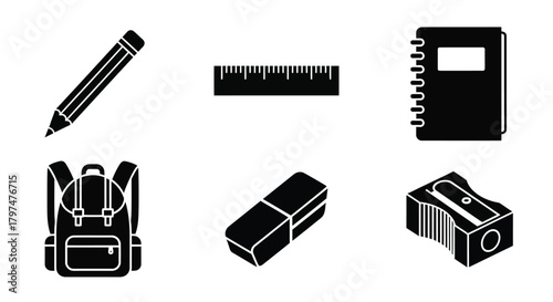 School Supplies Icons Set Backpack Pencil Ruler Education Stationery Silhouette Glyphs